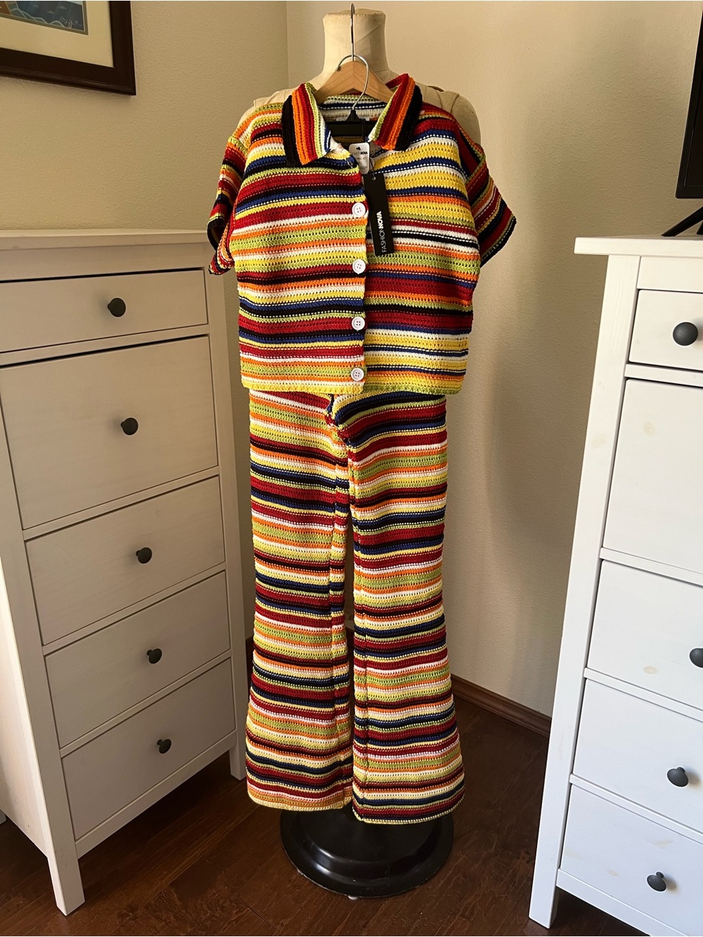 Fashion Nova colorful world crochet pant top set size m